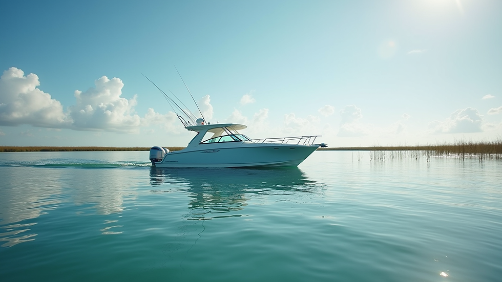 Wide angle view of a calm Florida bay with a private boat ready for a dolphin tour