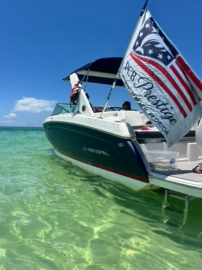 Private boat in clear water for a sunset tour.