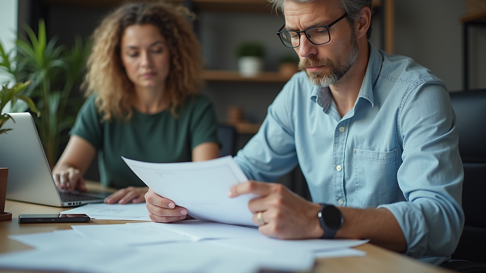 Eye-level view of a small business owner reviewing paperwork at a desk