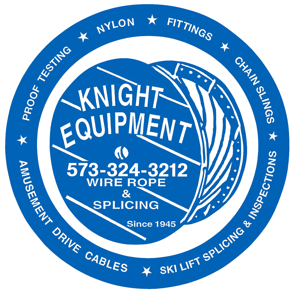 Blue version of the knight equipment logo. it is a wire rope spool with knight equipment and a phone number on the side and a ring around the spool with our services and products