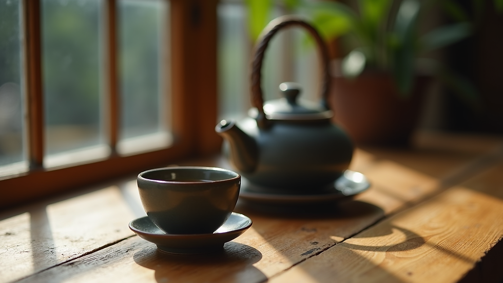 Close-up of handcrafted ceramic tea set on a wooden table
