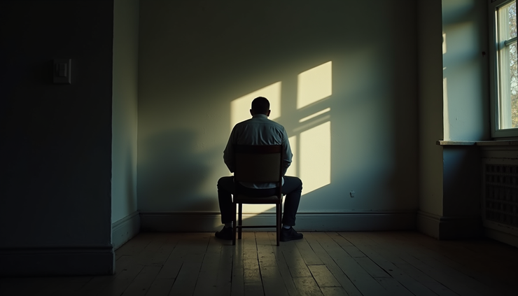 Eye-level view of a dimly lit room with a lone figure sitting on a worn-out chair, surrounded by shadows