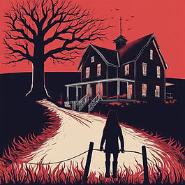 Cult classic horror fiction and haunted house with person standing outside of it