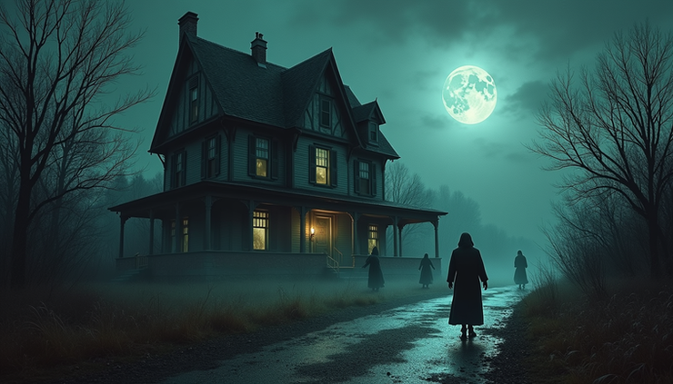 Eye-level view of a vintage horror comic book cover featuring a haunted house and ghostly figures