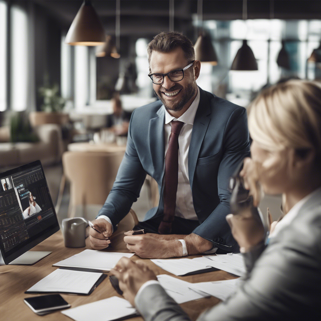 Visual Marketing Evolution and man talking to a woman at a table