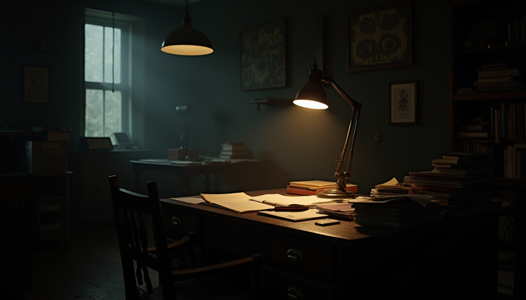 Eye-level view of a dimly lit detective’s office with a cluttered desk and a flickering lamp