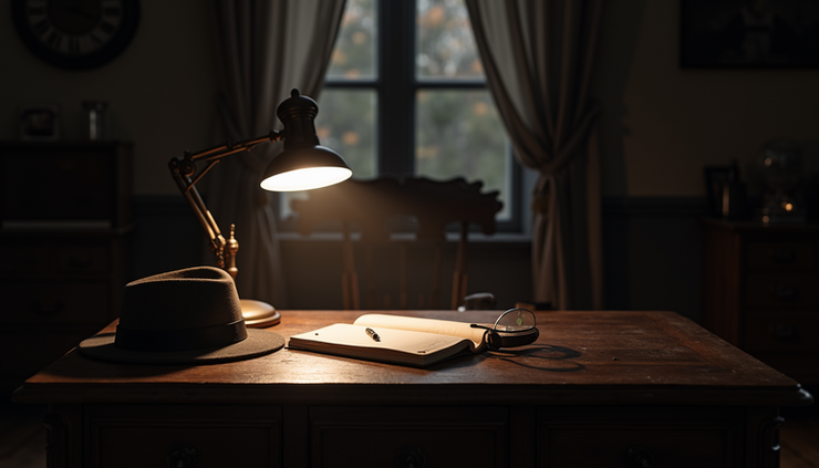Eye-level view of a vintage detective’s desk with a fedora, notebook, and magnifying glass