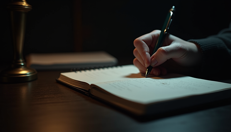 Eye-level view of a dimly lit desk with a notebook and pen ready for writing a suspense story