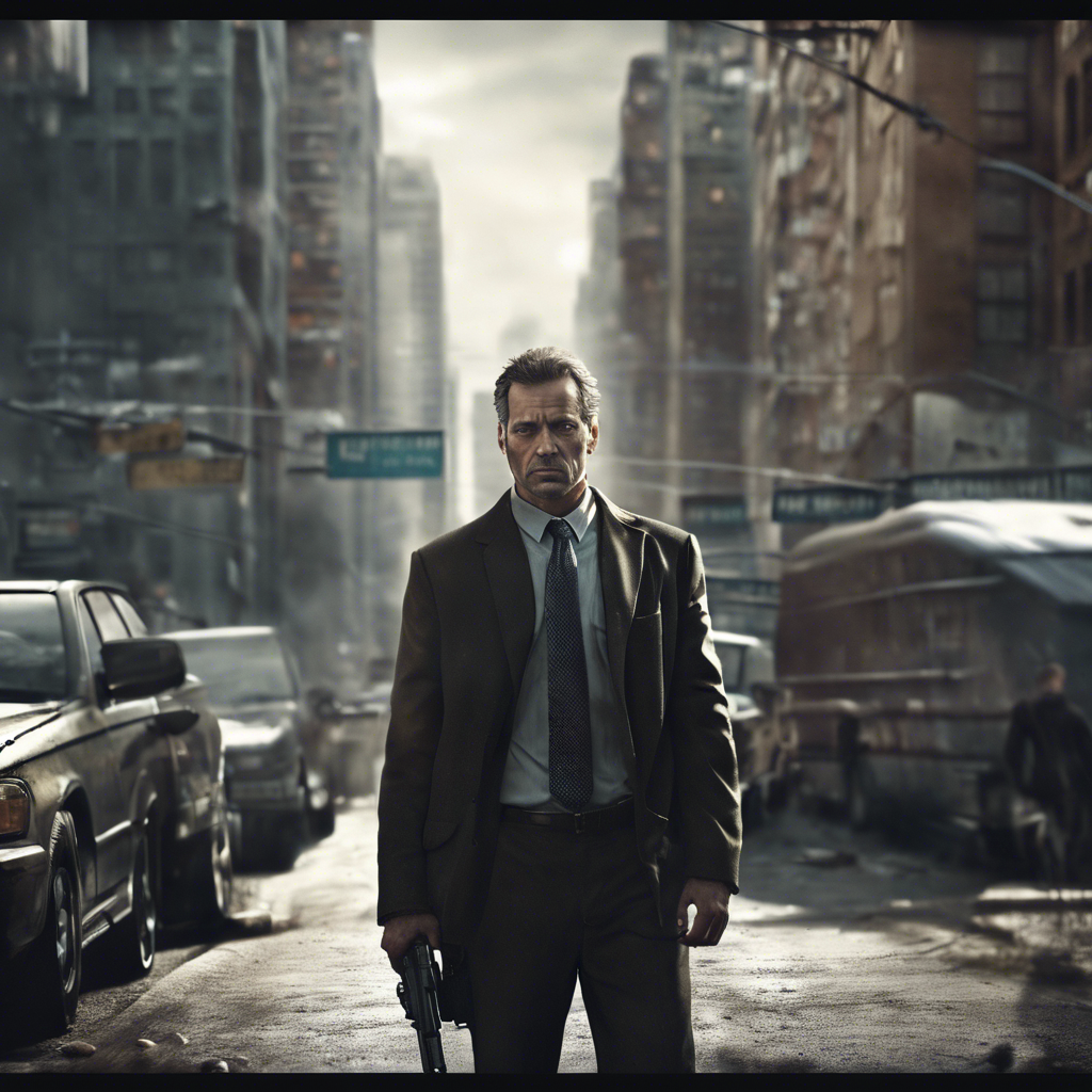 Thriller fiction with man holding a gun in the street