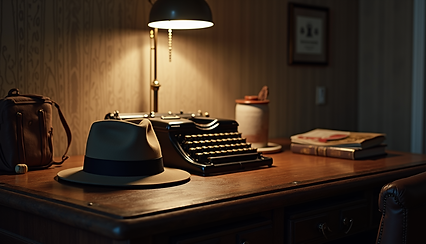 Eye-level view of a vintage detective's office with a fedora hat and old typewriter on a wooden desk
