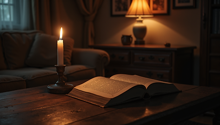 Eye-level view of a dimly lit room with a flickering candle casting shadows on a horror novel