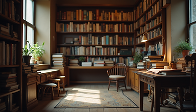 Eye-level view of a cozy small press publisher’s office with bookshelves and manuscripts