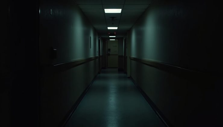 Eye-level view of a dimly lit, narrow hallway with shadows stretching across the floor