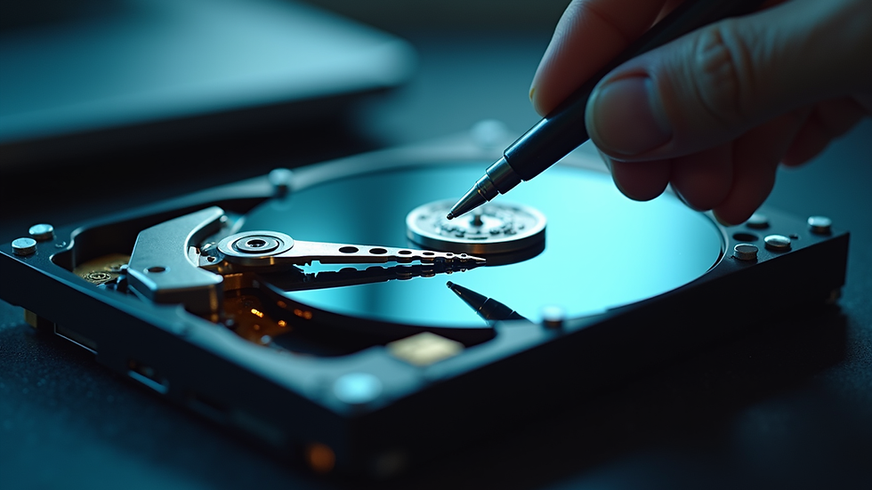 Close-up view of a laptop hard drive being examined for data recovery