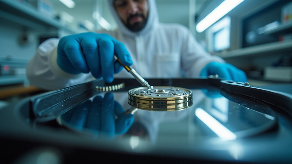Eye-level view of a technician working on a hard drive in a cleanroom environment