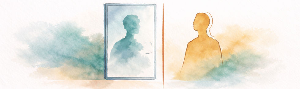 A narrow watercolor divider showing a teal silhouette reflected with slight distortion in a simple blue-framed mirror, separated by a thin copper line from a calm gold silhouette, symbolizing protective oversight correcting bias.