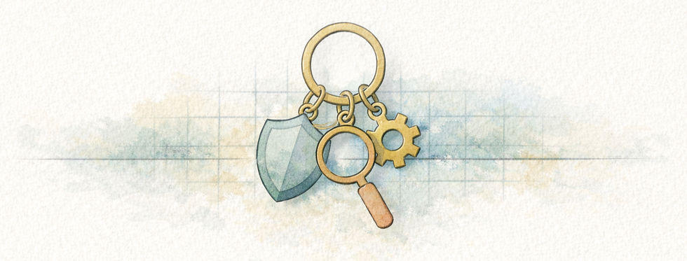 Divider with a shield, magnifying glass, and control icon representing AI safeguards.