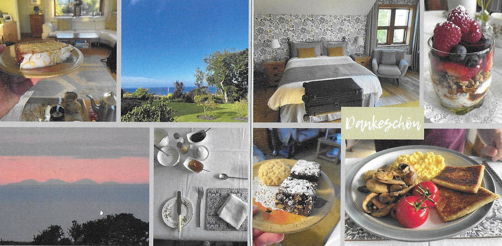 Bedroom interior, breakfast table and food and views from the gardens.