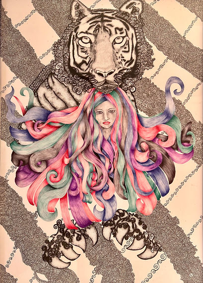 girl totem tiger spirit animal fountain pen art pen and ink intricate 