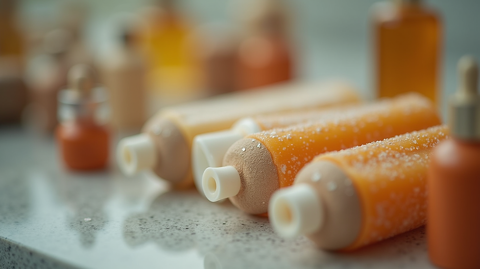 Close-up de frascos de cosméticos organizados em prateleira