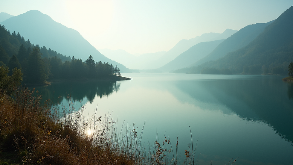 High angle view of a serene landscape with a peaceful lake