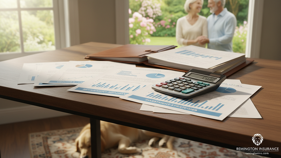 Eye-level view of a desk with retirement planning documents and a calculator