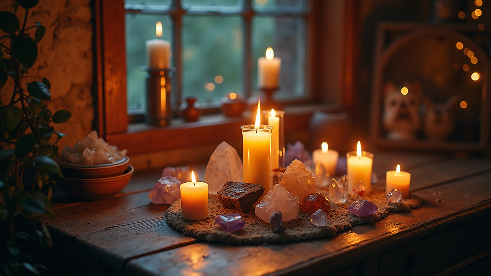 Eye-level view of a witch's altar adorned with candles and crystals