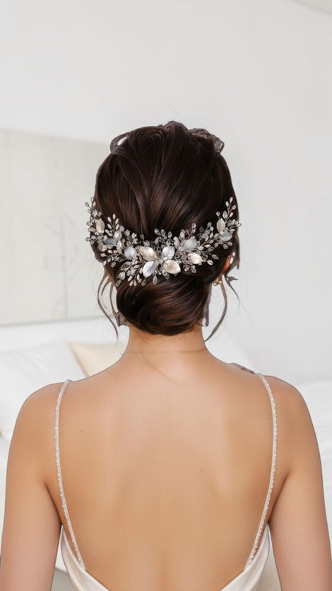Tiara Alalá artesanal con hojas de porcelana, perlas y cristales para novia