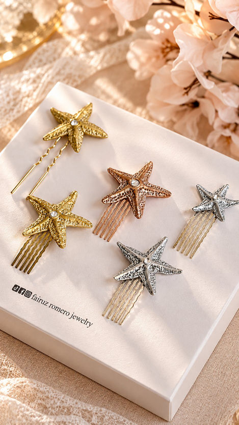 Pin Estrella para novia, elaborado a mano en porcelana con centro de cristal sobre peineta metálica de Fairuz Romero Jewelry.