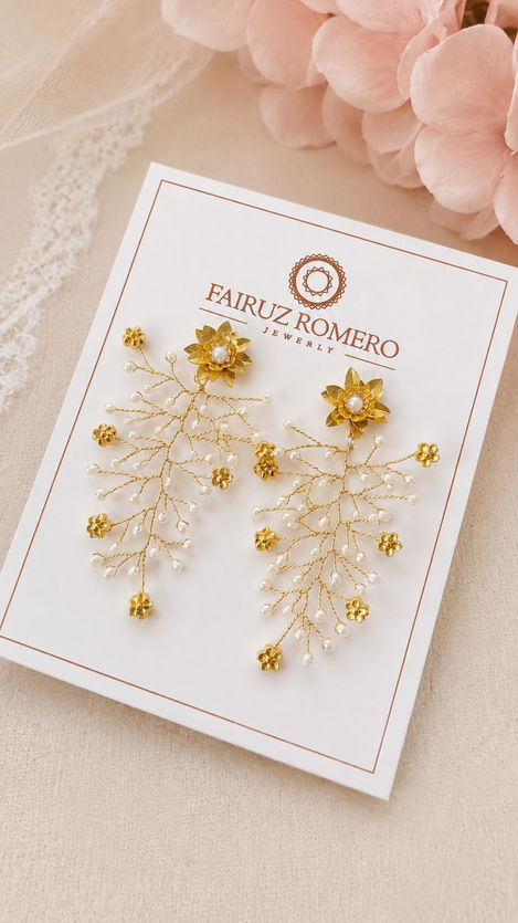 Aretes Clarissa dorados con flores, cristales y ramas de vidrio blanco para invitadas