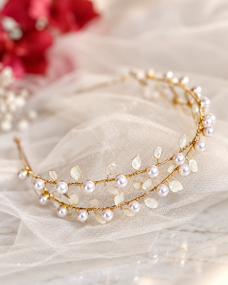 Tiara Cielo para novia con perlas, pétalos translúcidos y cristales sobre base metálica