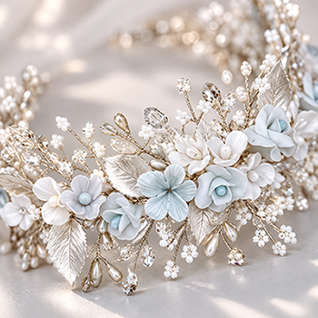 Tiara Anastasia de novia con flores y hojas de porcelana hechas a mano, cristales y mostacillas