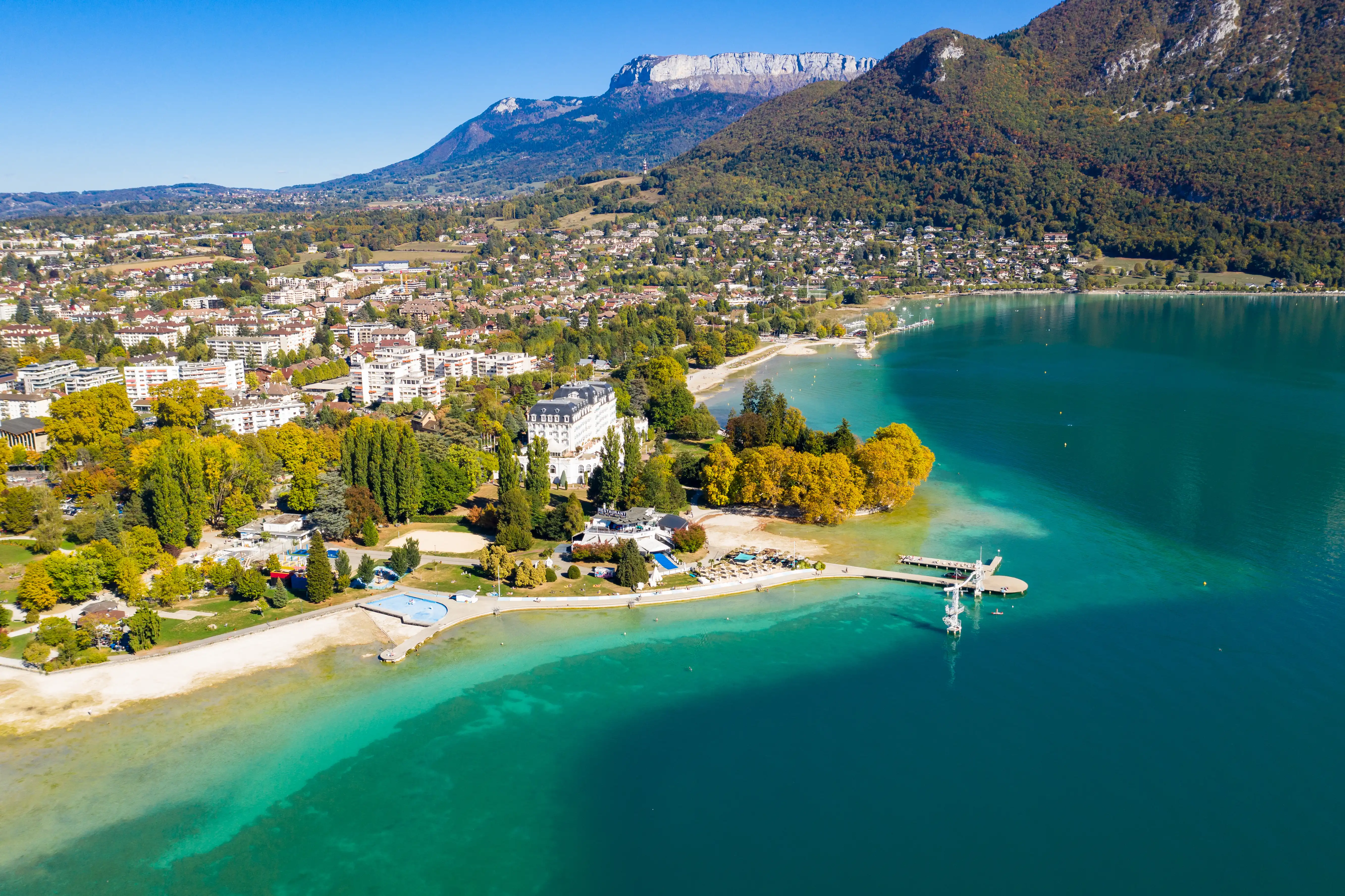 Aerial view of Annecy lake waterfront low tide level due to the drought in France
