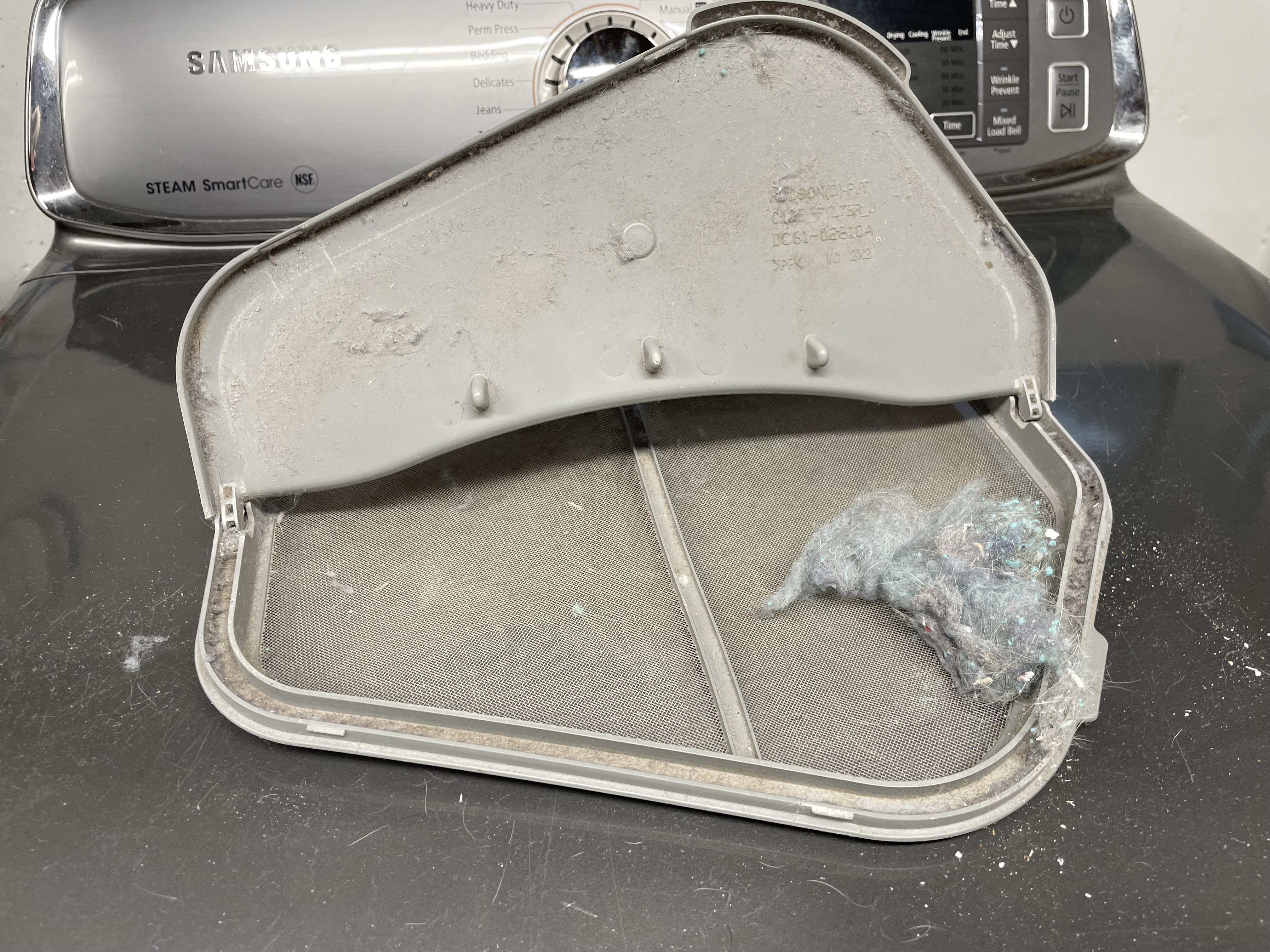 Photo of a lint trap open with a pile of lint that has been collected sitting inside.
