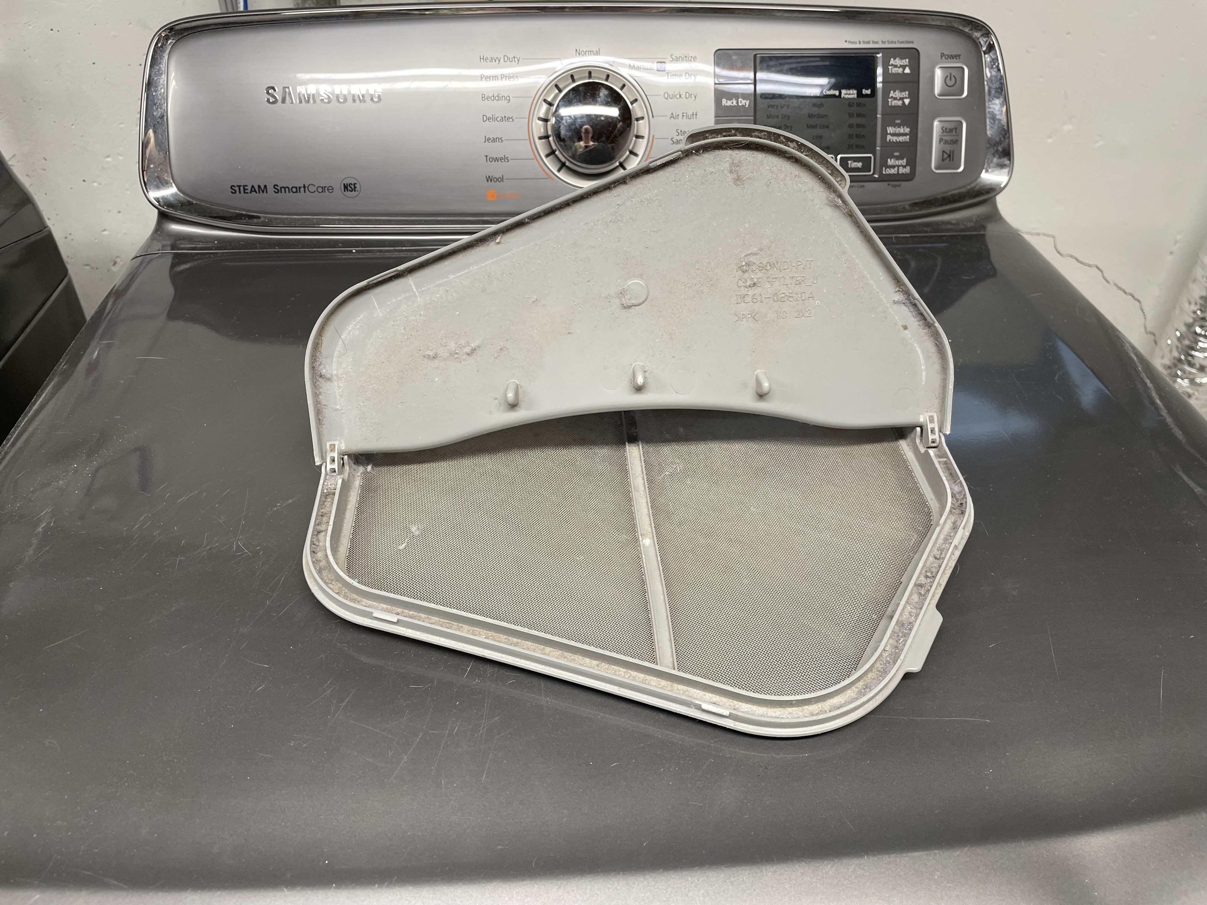 Photo of lint trap open clean on top of a dryer.
