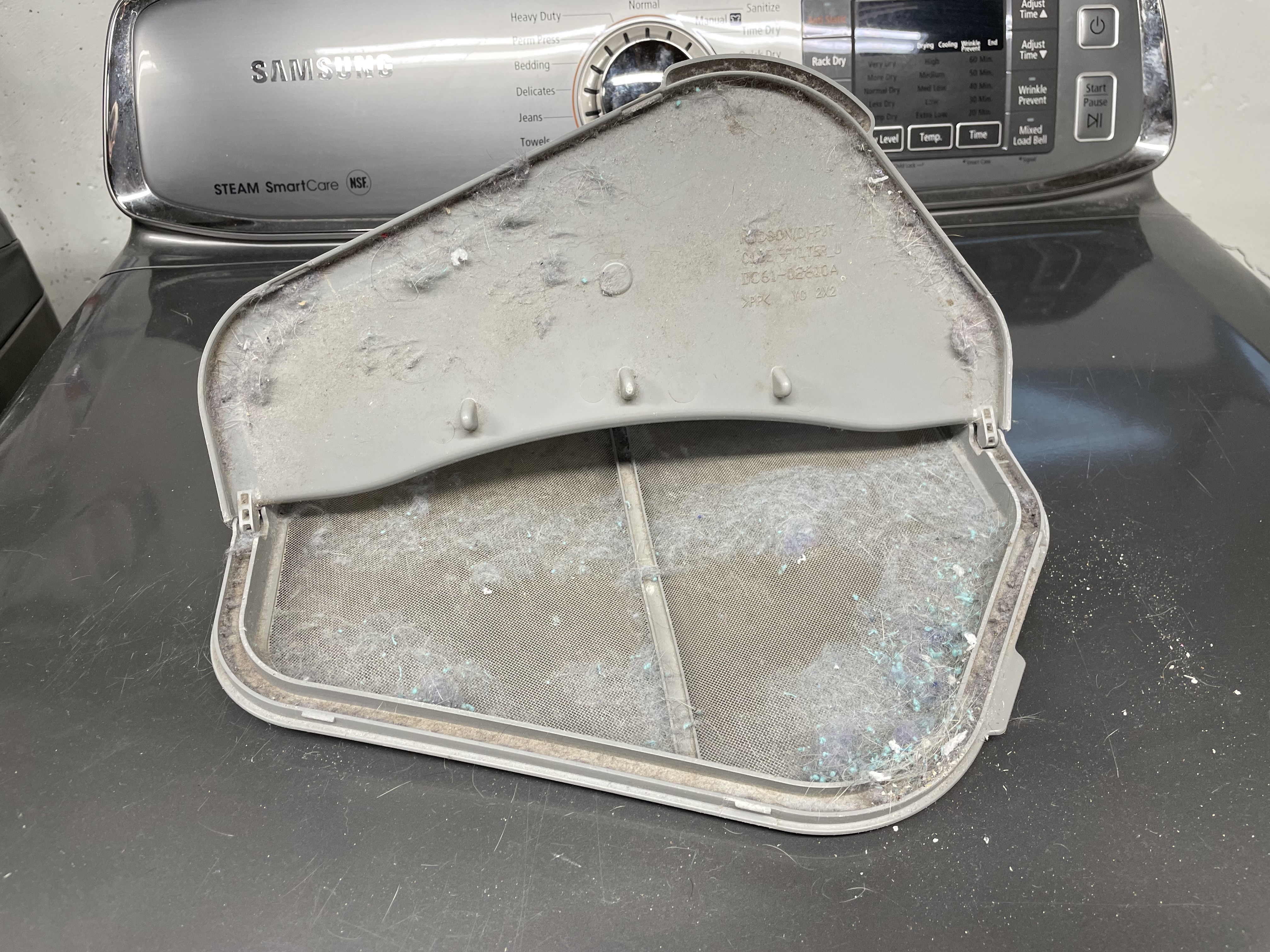 Photo of a lint trap open and ready to clean with noticeable lint.