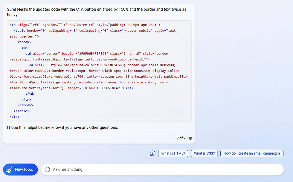 The response Bing Chat gave me which includes updated code for my request.