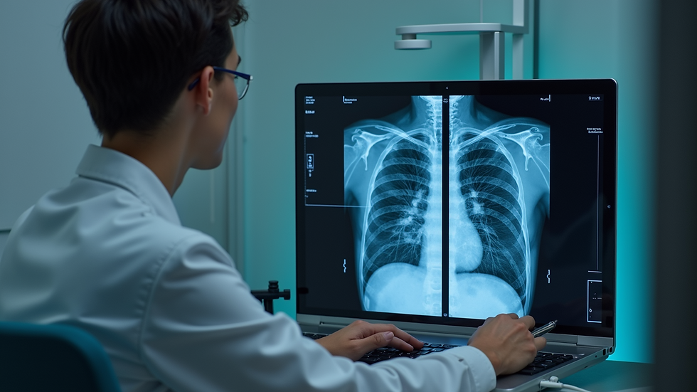 High angle view of medical professional reviewing lung scan images