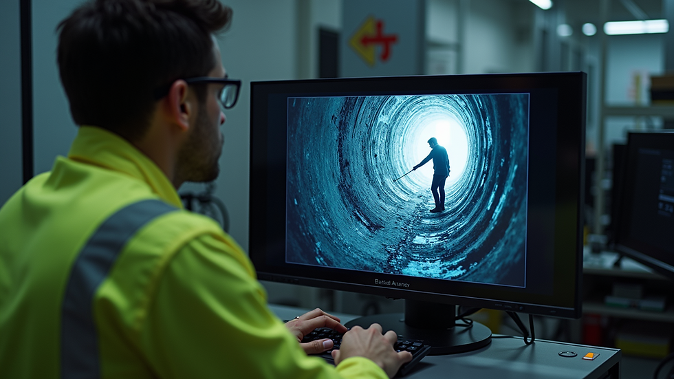 High angle view of a technician reviewing sewer camera footage on a monitor