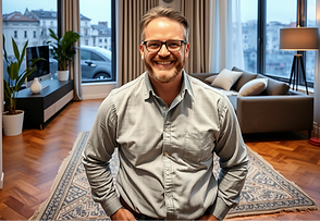 modern milan apartment with its owner smiling inside his apartment .png