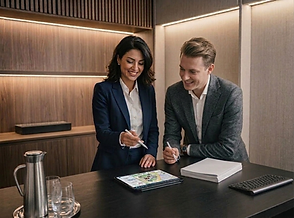 Due agenti immobiliari, un uomo e una donna, analizzano un software SaaS per l'acquisizione di immobili su un tablet in un ufficio moderno. L'atmosfera è professionale e focalizzata sulla tecnologia.