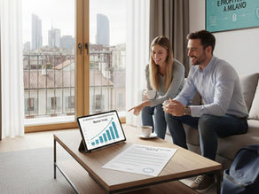 Coppia di inquilini professionisti in un moderno appartamento a Milano con vista sullo skyline, mentre consultano un tablet che mostra grafici di rendita e un contratto di affitto transitorio all inclusive