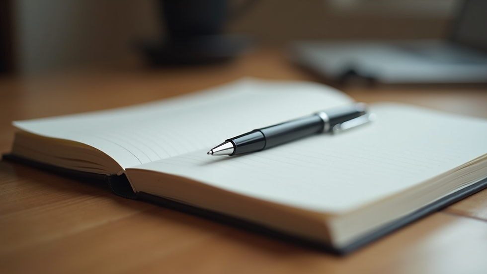 Close-up view of a journal and pen on a wooden table
