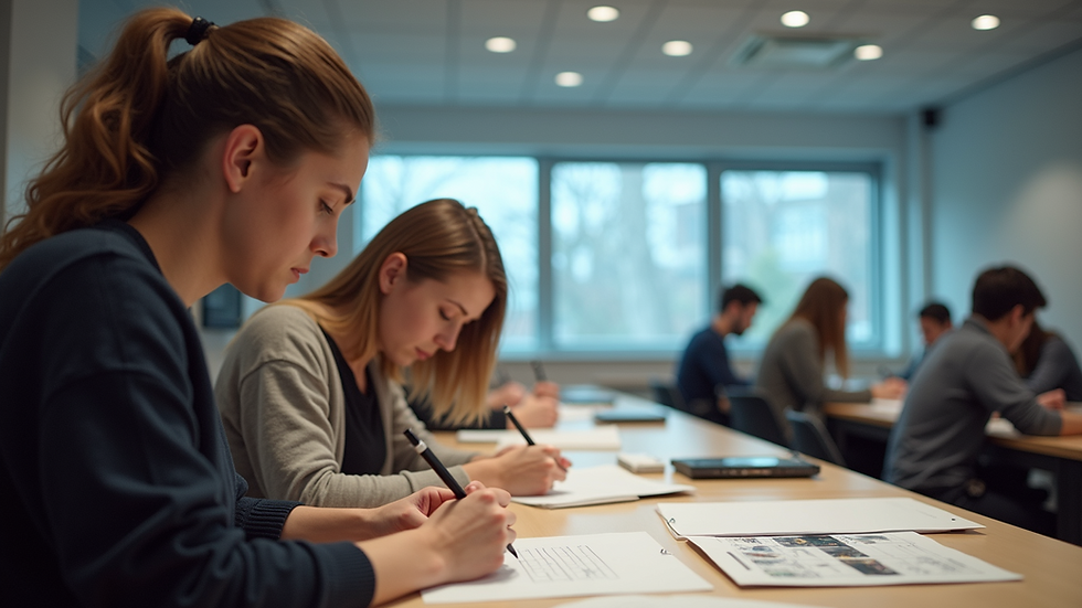 Eye-level view of a graphic design classroom with students collaborating on projects