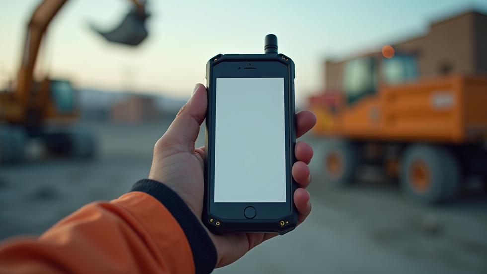 Eye-level view of a rugged handheld computer on a construction site