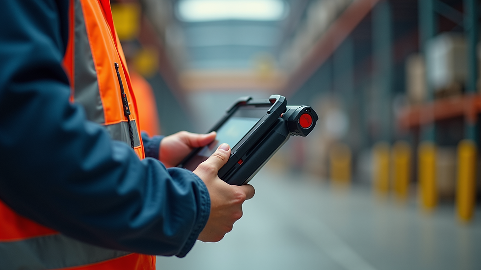 Eye-level view of rugged tablet with GPS and barcode scanner on industrial site