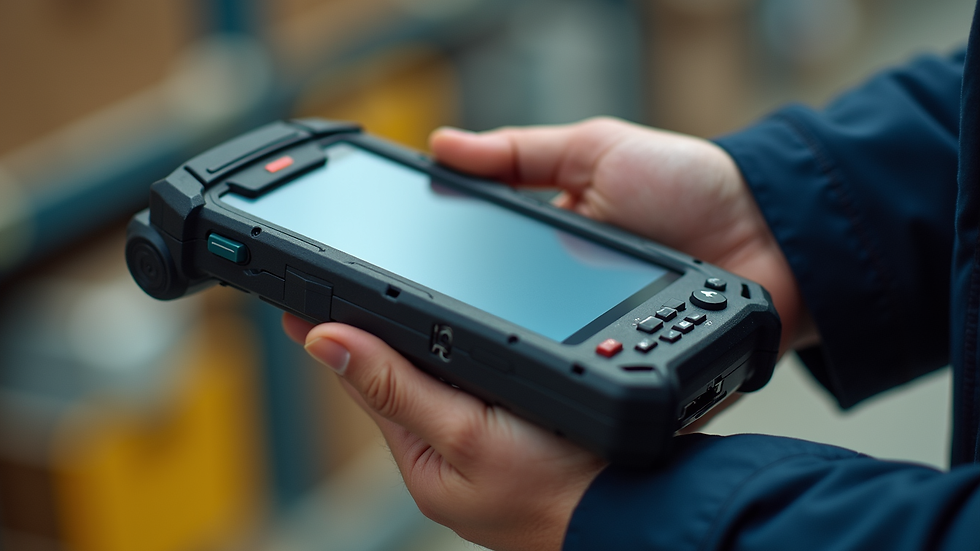 Close-up view of a rugged handheld computer with barcode scanner attachment