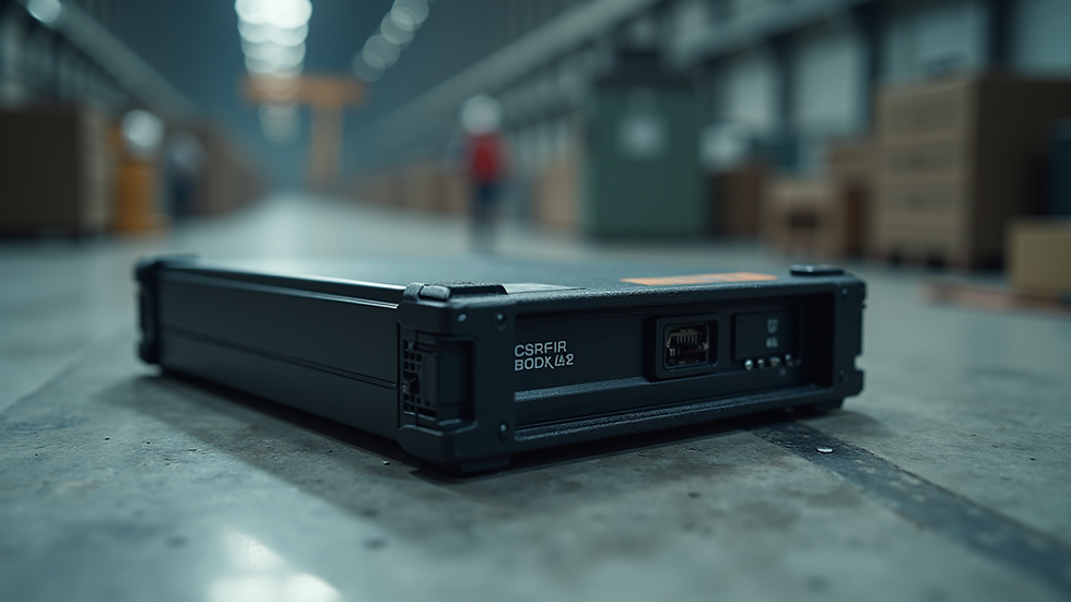 Close-up view of rugged shockproof data storage device on industrial surface