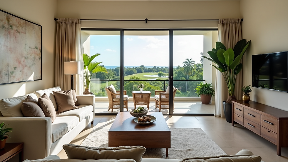 Eye-level view of a spacious luxury condo living room with modern furnishings
