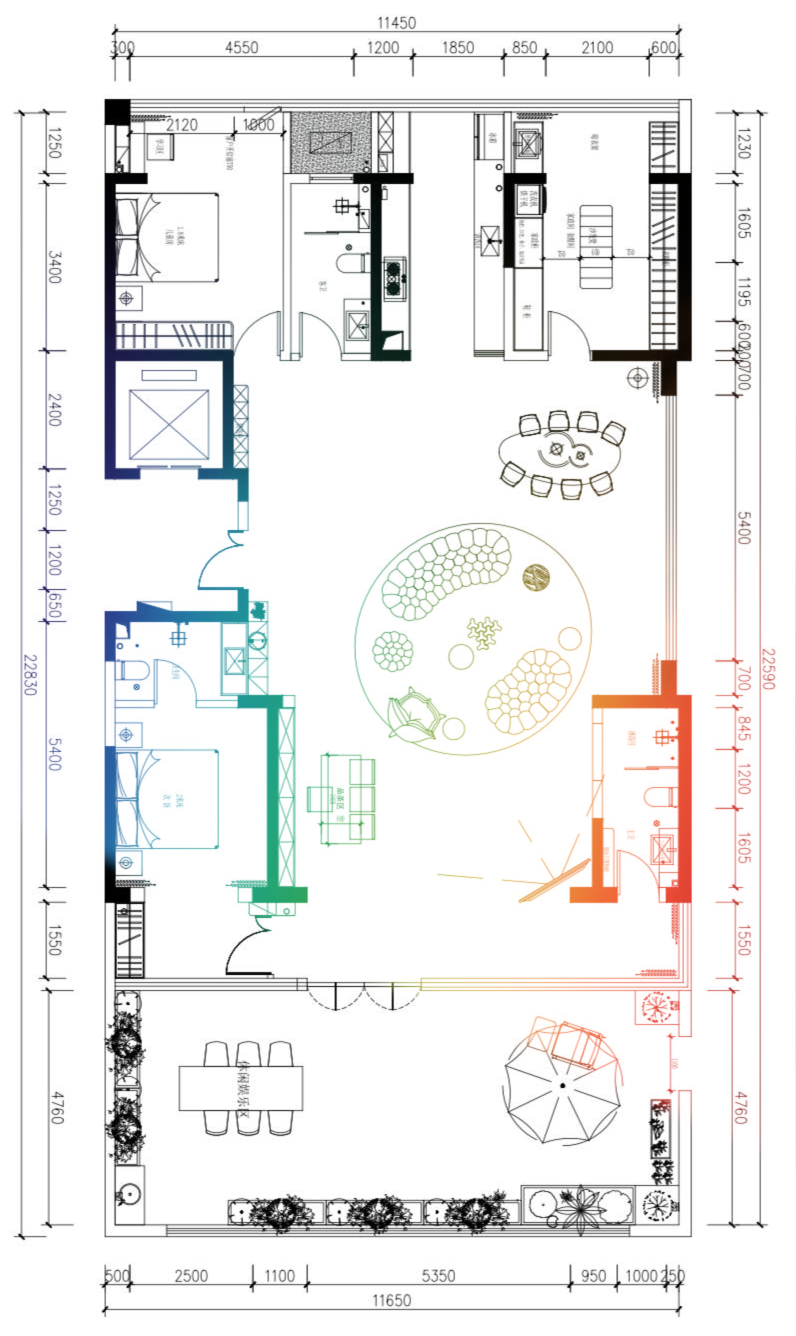 Feng Shui floor plan diagram showing qi flow and spatial relationships within a home